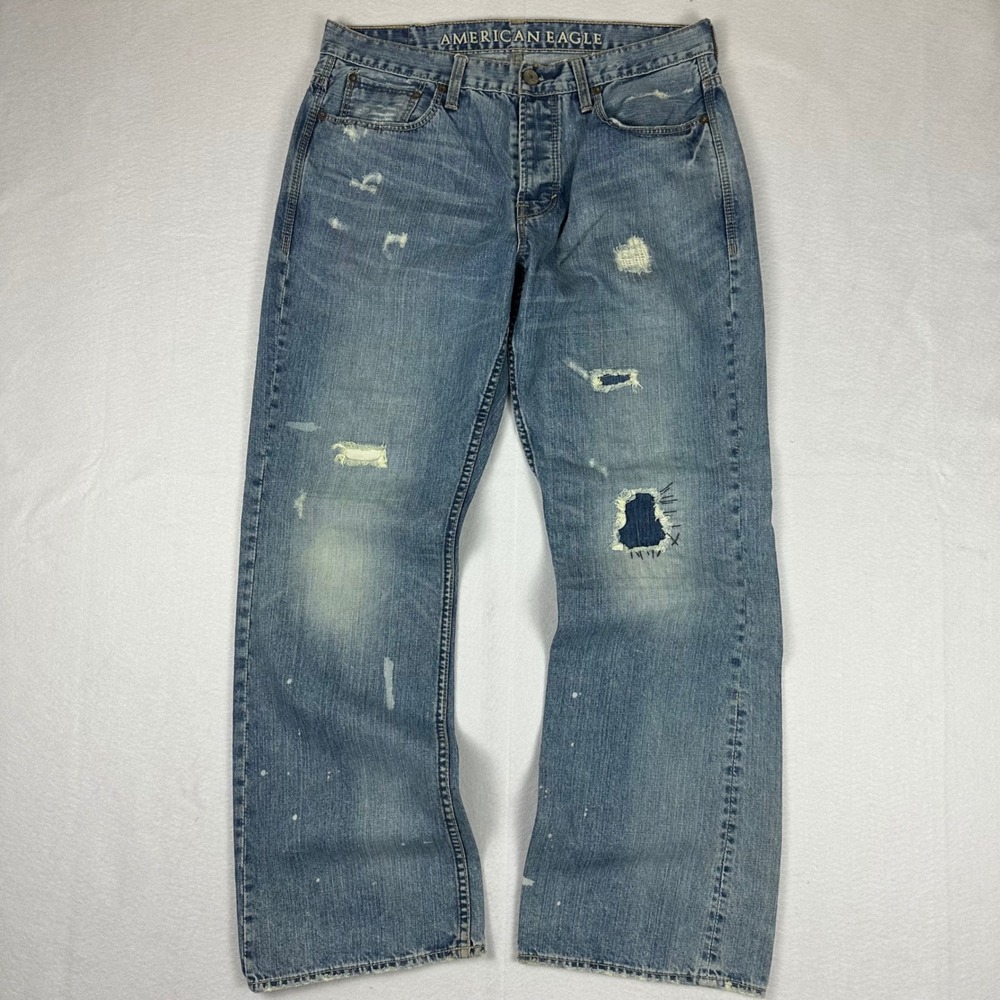 Y2K Baggy American Eagle Distressed Painted Blue Jeans 33x32 Straight Leg